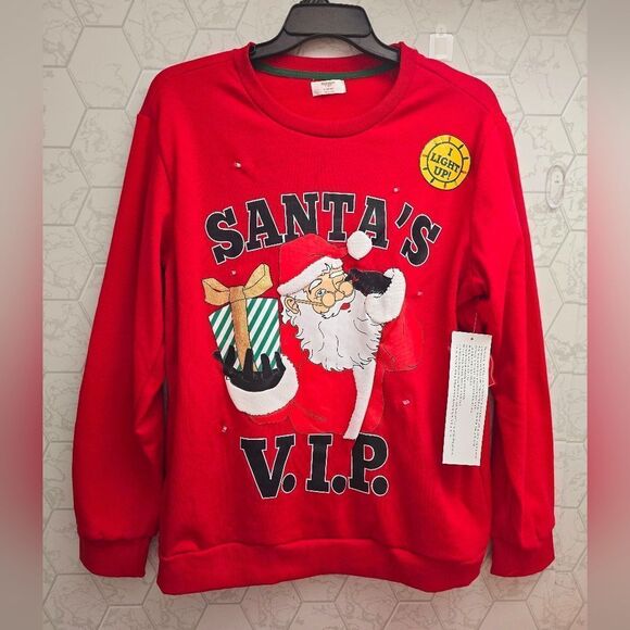 Holiday Time Men's Christmas Santa VIP Light Up Crewneck Fleece Sweatshirt - Picture 1 of 11